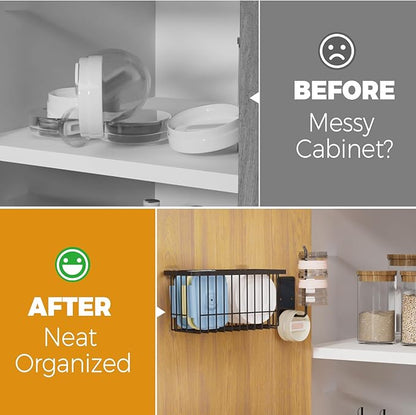 4 Pack Adhesive Cabinet Door Organizer - Tumbler Lid Organizer & Kitchen Storage baskets for Kitchen, Bathroom, Inside Cabinet Door Storage for Cup Lids, Spices, Small Supplies, Space-Saving (Black)