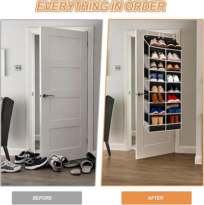 8-Layer Over The Door Shoe Organizer with 16 Compartments, Pockets Heavy-Duty Non-Woven Fabric Hanging Shoes Storage Rack,Hanging Shoe Rack Space Saving Shoe Storage for Bedroom Closet Bathroom