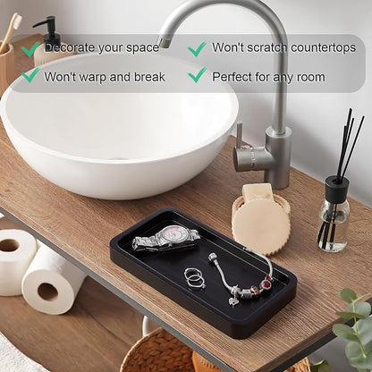 ALELION 8" Bathroom Vanity Tray for Counter - Wood Tray for Dresser Tops Perfume Jewelry Candle Key Catchall - Black Kitchen Countertop Organizer for Soap Dispenser and Sponge Holder