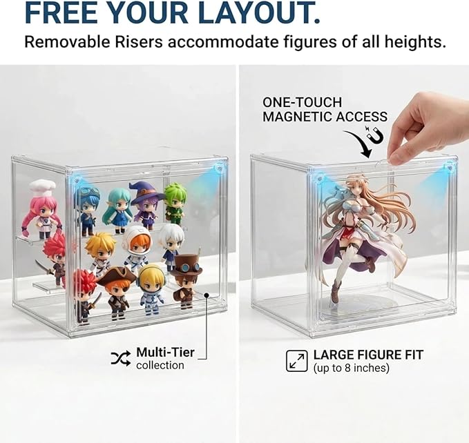Stackable Acrylic Figure Display Case with Magnetic Door - Clear Showcase, 3-Tier Removable Stand, Dustproof Storage for Mini Figures & Blind Boxes (10.6 x 7.1 x 8.7 In)