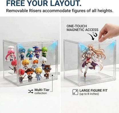 Stackable Acrylic Figure Display Case with Magnetic Door - Clear Showcase, 3-Tier Removable Stand, Dustproof Storage for Mini Figures & Blind Boxes (10.6 x 7.1 x 8.7 In)