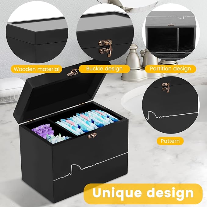 Tampon Holder for Bathroom Wooden Feminine Product Organizer with Lid Pad and Tampon Organizer for Bathroom Tampon Storage Sanitary Napkin Holder for Girl Stuff (Black)