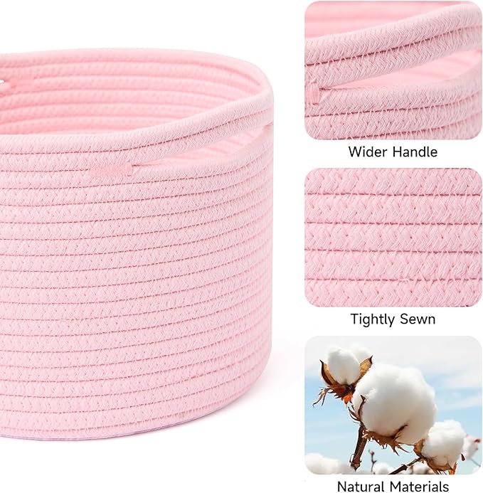 MiniArk Small Basket for Organizing | Cube Shelf Closet Storage Baskets | 9.7×9.7×7.1” | Woven Rope Gift Basket | Nursery | Round 3 Packs Light Pink
