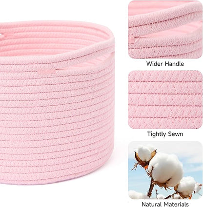 MiniArk Small Basket for Organizing | Cube Shelf Closet Storage Baskets | 9.7×9.7×7.1” | Woven Rope Gift Basket | Nursery | Round 3 Packs Light Pink