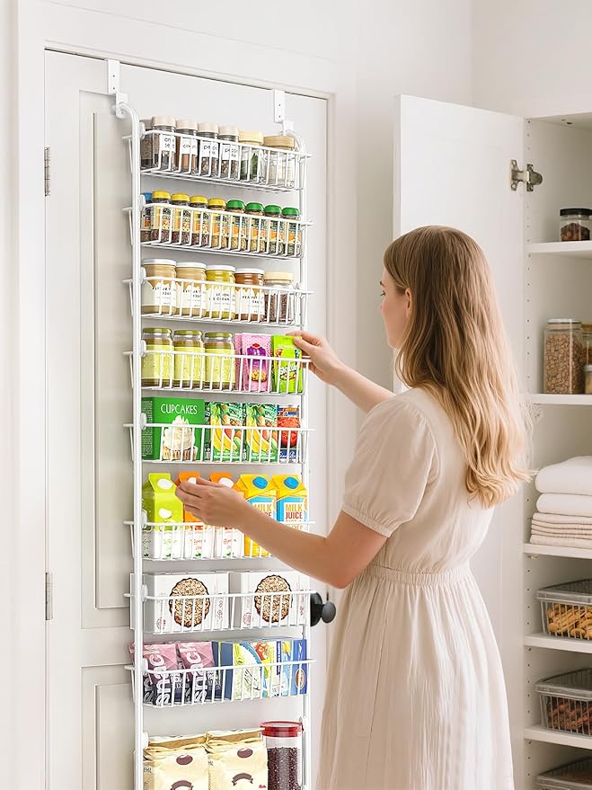 Delamu Over The Door Pantry Organizer, 9-Tier Pantry Door Organizers and Storage with Adjustable Basket, Metal Hanging Spice Rack, Seasoning Organizer, Door Organizer for Home Kitchen Bathroom, White