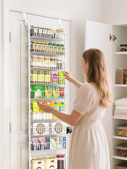 Delamu Over The Door Pantry Organizer, 9-Tier Pantry Door Organizers and Storage with Adjustable Basket, Metal Hanging Spice Rack, Seasoning Organizer, Door Organizer for Home Kitchen Bathroom, White