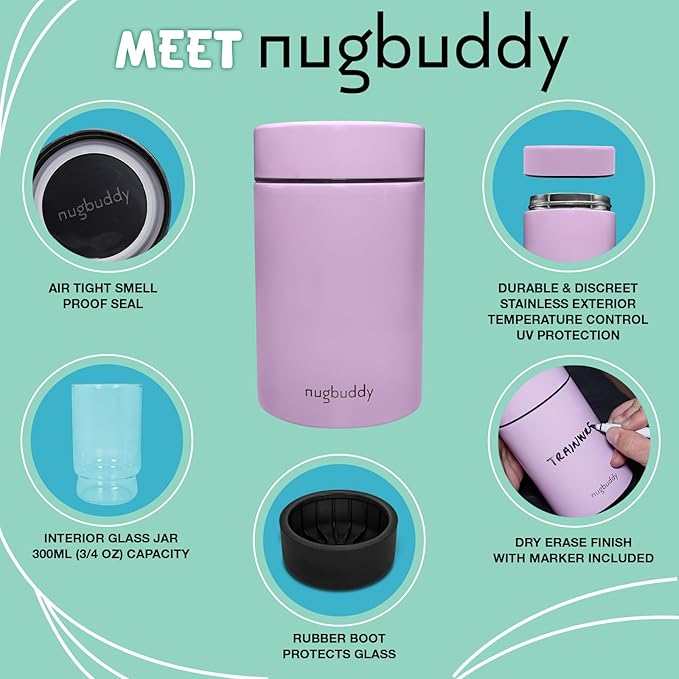 Nugbuddy Airtight Storage Container - Vacuum Sealed Insulated w Nested Glass Jar - UV Protection, Temperature Controlled Stainless - Stays Fresh - Whiteboard Finish w Marker Included - 300 ml (3/4 Oz)