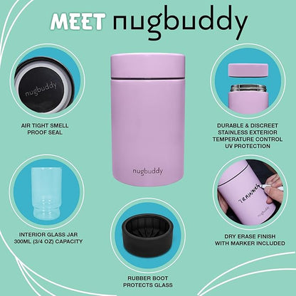 Nugbuddy Airtight Storage Container - Vacuum Sealed Insulated w Nested Glass Jar - UV Protection, Temperature Controlled Stainless - Stays Fresh - Whiteboard Finish w Marker Included - 300 ml (3/4 Oz)
