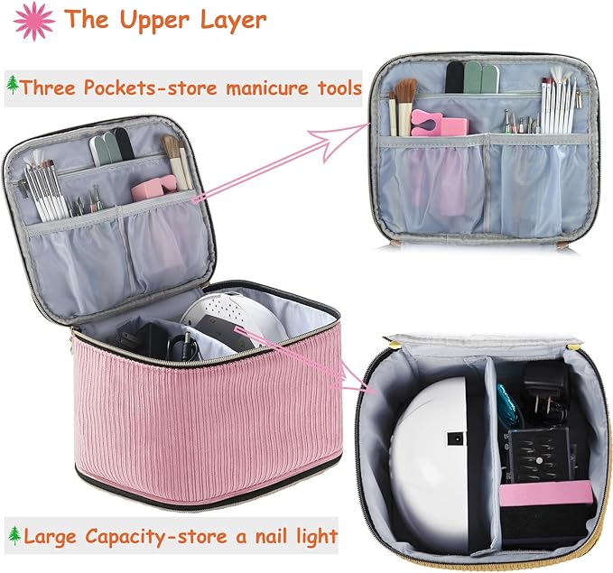 Corduroy Nail Polish Organizer and Nail Lamp Case, Nail Kit Organizer Holds 30 Bottles (15ml - 0.5 fl.oz) and a Nail Lamp, Nail Polish Carrying Case with Manicure Tools Storage Sections (Pink)