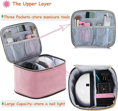 Corduroy Nail Polish Organizer and Nail Lamp Case, Nail Kit Organizer Holds 30 Bottles (15ml - 0.5 fl.oz) and a Nail Lamp, Nail Polish Carrying Case with Manicure Tools Storage Sections (Pink)