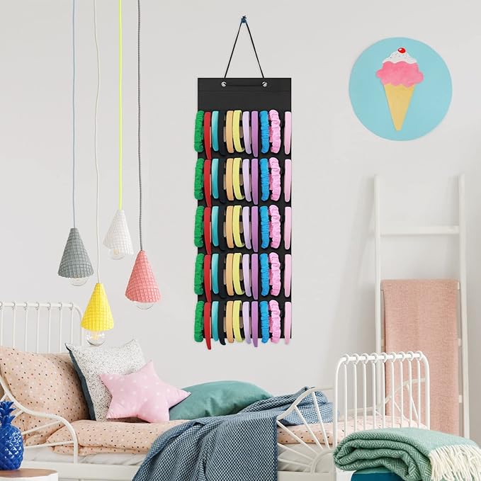 Tudomro Hanging Headband Holder for Girls Felt Hair Accessories Organizer with 60 Elastic Bands Bow Hanger for Girls Hair Bows Without Headbands(Black,Plain Style)
