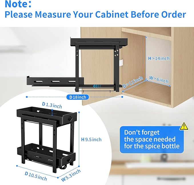 BOIVSHI Pull Out Spice Rack Organizer, 2-Tier Vertical Spice Rack, Height Adjustable for Kitchen Cabinet (5.3''Wx10.8''Dx9.2''H, Metal Black)