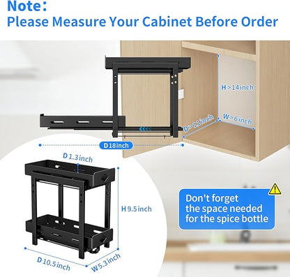 BOIVSHI Pull Out Spice Rack Organizer, 2-Tier Vertical Spice Rack, Height Adjustable for Kitchen Cabinet (5.3''Wx10.8''Dx9.2''H, Metal Black)