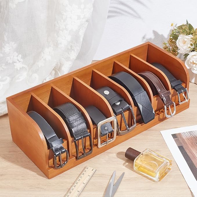 CUTHOLLOW Belt Organizer for Closet, 7 Compartments Wood Belt Storage Holder for Drawer, Bamboo Belt and Tie Box Organizer Display Case for Women Men