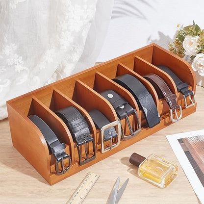 CUTHOLLOW Belt Organizer for Closet, 7 Compartments Wood Belt Storage Holder for Drawer, Bamboo Belt and Tie Box Organizer Display Case for Women Men