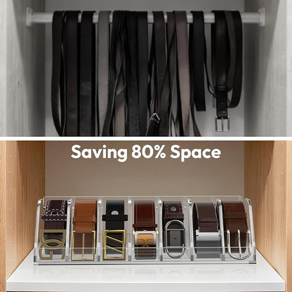 NIUBEE Belt Organizer - Acrylic Belt Storage Holder with 7 Compartments and Display Stand