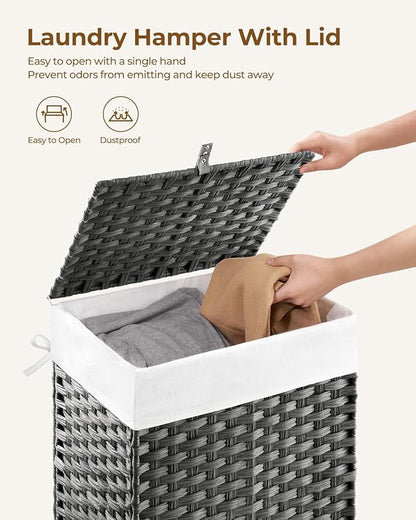 Greenstell Laundry Hamper with Lid, 90L Clothes Hamper with 2 Removable Liner Bags & 2 Mesh Laundry Bags, Handwoven Synthetic Rattan Laundry Basket for Clothes, Toys in Bathroom, Bedroom Grey