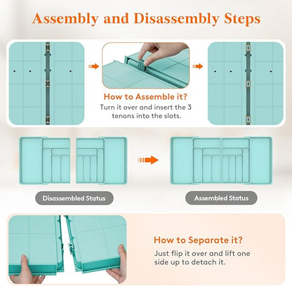 Lifewit Silverware Drawer Organizer, Expandable BPA Free Plastic Utensil Tray for Kitchen, Adjustable Flatware Cutlery Holder for Spoons Forks Knives, 21.3- 36 x 16.9", Turquoise