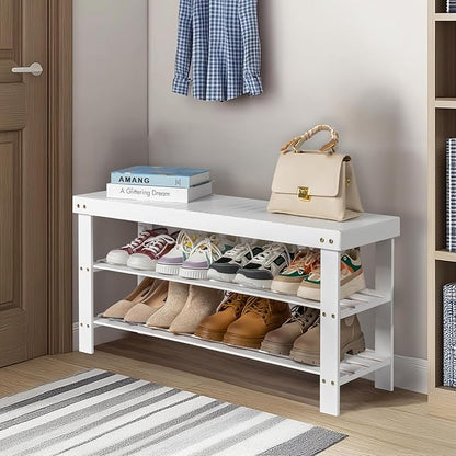 3 Tier Bamboo Shoes Rack,Narrow Vertical Shoes Rack,Freestanding Shoe Organizer Shelf,Shoe Rack Storage Organizer,with Shelves,for Closet, Entryway, Front Door Entrance, Bedroom, Hallway (White)