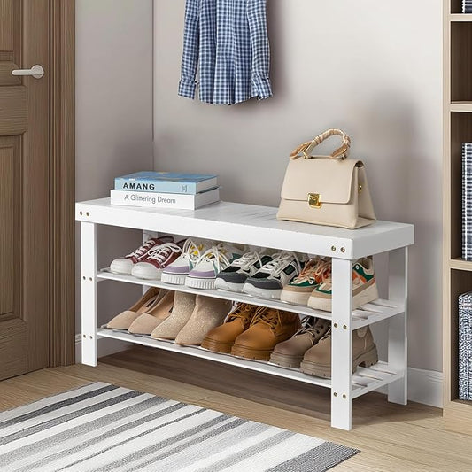 3 Tier Bamboo Shoes Rack,Narrow Vertical Shoes Rack,Freestanding Shoe Organizer Shelf,Shoe Rack Storage Organizer,with Shelves,for Closet, Entryway, Front Door Entrance, Bedroom, Hallway (White)
