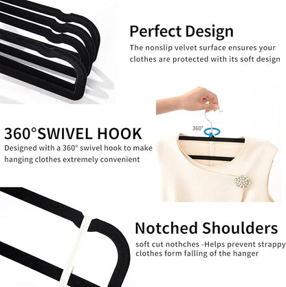Velvet Pant Hangers, 20pcs Heavy Duty Flocked Trouser Hangers with Non-Slip Bar, 35cm(L) Adult Clothes Hanger with Swivel Hook, Slim Felt Jean Hangers (Black-Silver) Short Neck Huggable Hangar