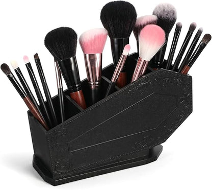 Coffin Makeup Brush Holder Gothic Wooden Organizer Spooky Coffin Case Gifts for Women Cosmetic Display Cases Spooky Home Office Pencil Brushes Organizer Bathroom Christmas Decor Accessories