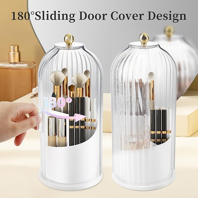 Makeup Brush Holder with Lid 360 Rotating Makeup Brush Organizer, Dustproof Waterproof Material & with 3 Compartments for Organized Storage, Dressing Tables Clear Storage Skincare Cosmetic (White)