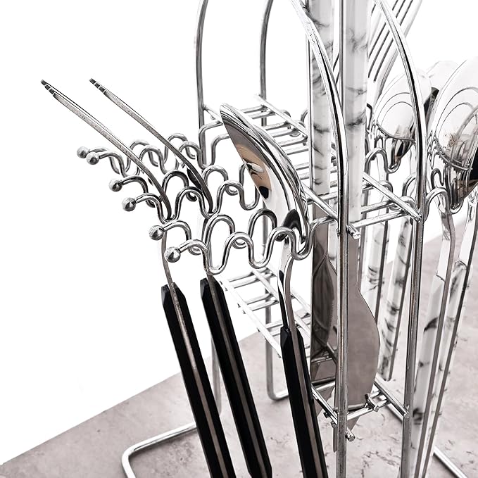 24piece Silverware Set with Hanging Holder, Stainless Steel Tableware Set With Cutlery Storage Rack, Decent Gift Box For Housewarming, Party, Dining - White Silver, set of 6