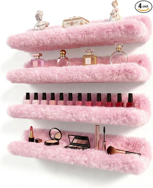 Care&More YJ 15 Inch Nail Polish Shelves, 4-Pack Fuzzy Display Nail Polish Rack for Storing Nail Bottles, Sunglasses, Essential Oils, Plush Soft Pink