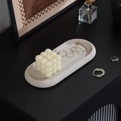 Jewelry Tray Bathtub, Resin Stone Look Decorative Perfume Tray, Bathroom Marble Vanity Organizer Plate Holder for Ring Soap Towel Small Things on Kitchen Sink Countertop (Beige, Medium)