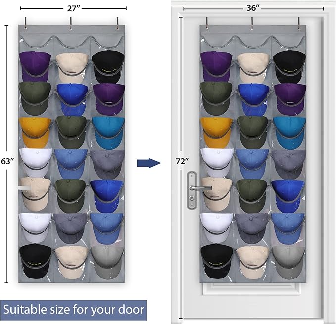 Dofilachy Hat Rack - Hat Organizer - Hat Racks for Baseball Caps, Visible Hat Holder - Baseball Rack for Wall Door with 3 Hooks, 24 Deep Pockets