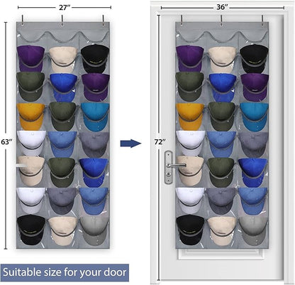 Dofilachy Hat Rack - Hat Organizer - Hat Racks for Baseball Caps, Visible Hat Holder - Baseball Rack for Wall Door with 3 Hooks, 24 Deep Pockets