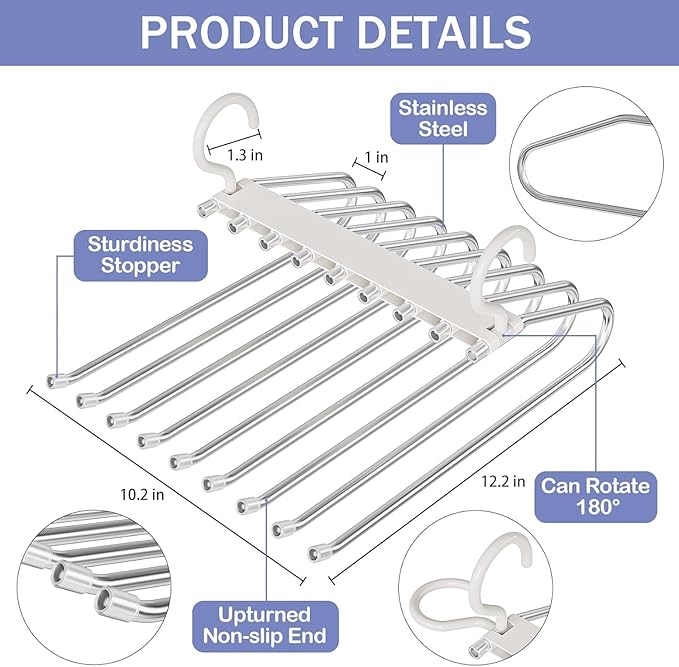 Upgrade 9 Layers Pants Hangers Space Saving, 4 Pack Pant Hangers Organizer Multifunctional Pants Rack Space Saver Closet Organizers and Storage Hangers for Pants Jeans Leggings Skirts, Snowy White