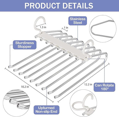 Upgrade 9 Layers Pants Hangers Space Saving, 4 Pack Pant Hangers Organizer Multifunctional Pants Rack Space Saver Closet Organizers and Storage Hangers for Pants Jeans Leggings Skirts, Snowy White