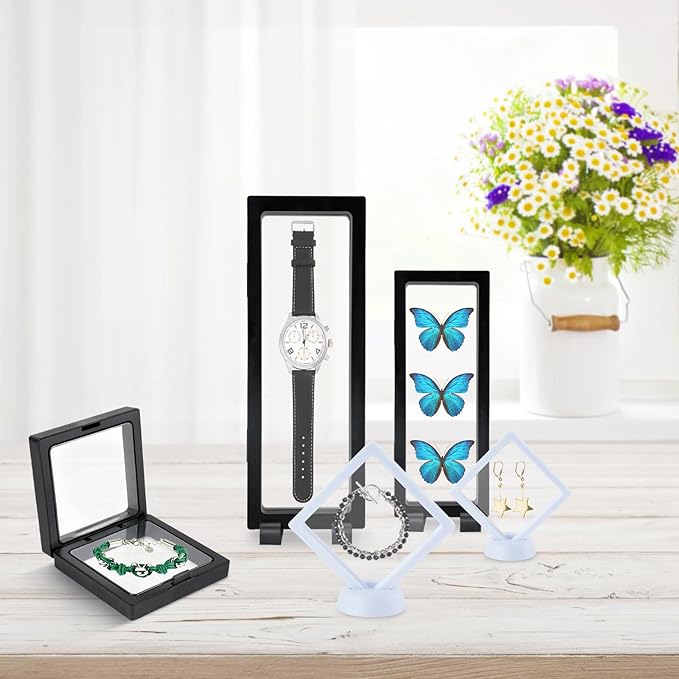 40 PCS Floating Display Case, 3D Challenge Coin Display Holder Frames with Stands, Transparent PE Jewelry Storage Box for Butterfly, Medallion, Shells, Gems, Pins, Specimen (Black, White)
