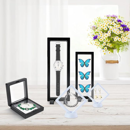 40 PCS Floating Display Case, 3D Challenge Coin Display Holder Frames with Stands, Transparent PE Jewelry Storage Box for Butterfly, Medallion, Shells, Gems, Pins, Specimen (Black, White)
