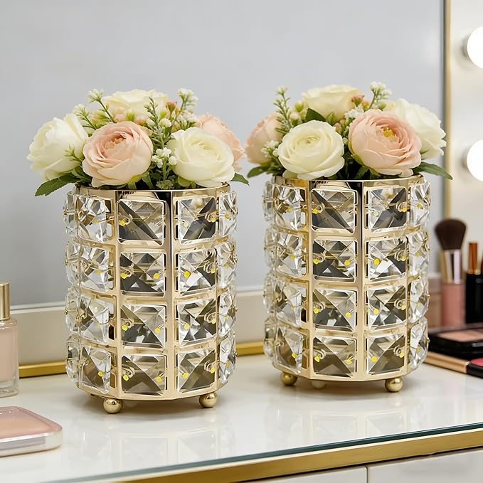 Makeup Brush Holder Organizer Crystal Bling Cosmetic Storage Box for Brushes, Combs & Pens, Candle Holder Container（Gold）