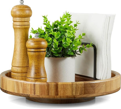 12'' Acacia Wood Lazy Susan Organizer Turntable for Cabinet, Round Wooden Spice Organization and Storage, Rotating Condiment Organizer for Pantry, Kitchen, Cupboard, Table Top, Countertop