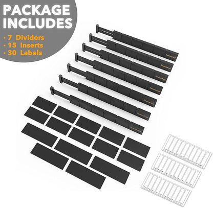 SpaceAid Bamboo Drawer Dividers with Inserts and Labels, Kitchen Adjustable Drawer Organizers, Expandable Organization for Home, Office, Dressers, 7 Dividers with 15 Inserts (17"-22" Black)