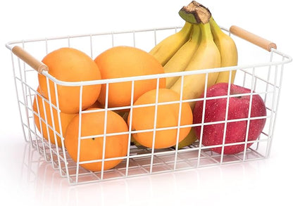 Metal White Wire Basket,Food Storage Organizer with Wooden Handles, pantry organizers and storage for Organizing Kitchen Cabinets potato onion, 2 Packs