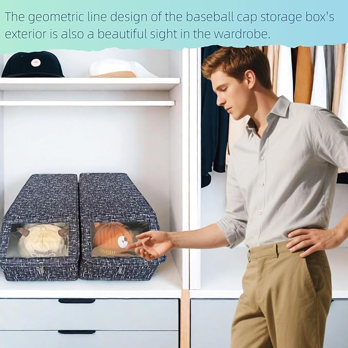 Hat Organizer for Baseball Caps - 2PCS Stackable Storage (Total Holds 30 Caps) with Clear Window Lid, Flip-Top Access, Space-Saving Hat Box for Closet, Breathable Fabric, Unisex (Black)