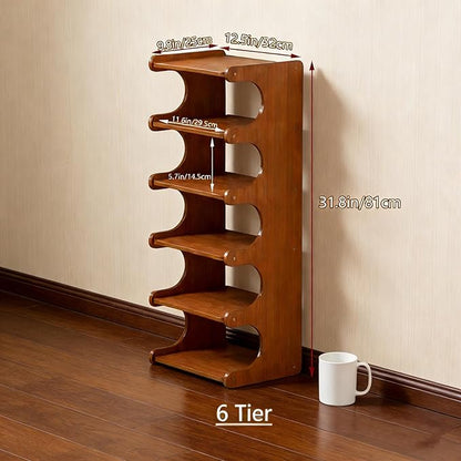 Tall Narrow Solid Wood Shoe Rack, 6 Tier Vertical Shoe Storage Tower, Freestanding Corner Organizer for Small Entryways, Slim Space-Saving Shoe Rack (12.6" L x 9.84" W x 32.1" H)