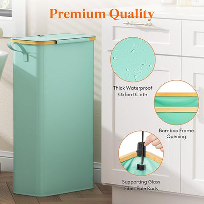 Lifewit 65L Slim Laundry Hamper with Lid, Narrow Laundry Basket with Removable Bag & Bamboo Handles, Fodable Thin Dirty Clothes Hamper for Laundry Collapsible Bin for Bathroom Bedroom Dorm, Sage Green
