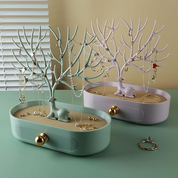 MORE&LESS Antlers Jewelry Display Stand with Aluminium alloy handle, Tree Tower Rack Hanging Organizer for Ring Earrings Necklace Bracelet, Deer Horn Tree Stand with Storage Drawer and Tray