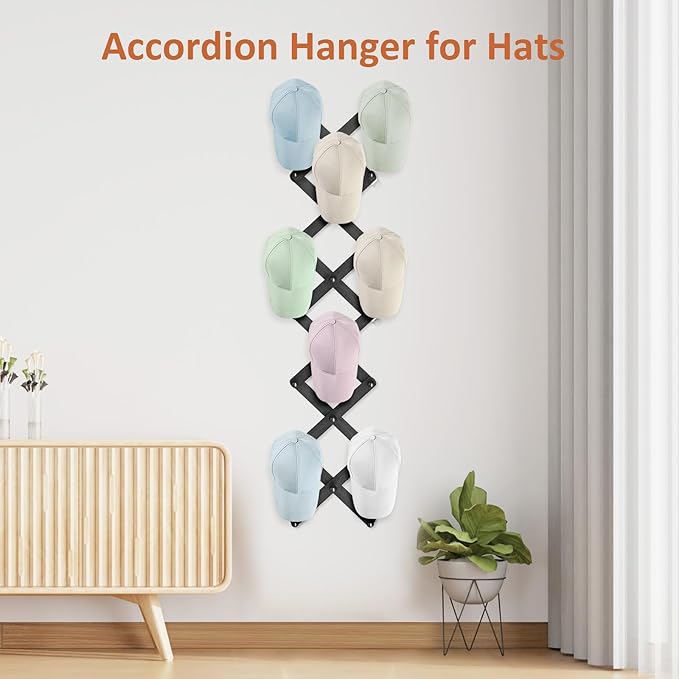 Accordion Wall Hanger, Hat Rack for Wall with 20 Coat Hooks, Expandable Hat Hangers Organizer, Vintage Decorative Coat Rack Wall Mount for Purse, Mug(Black)