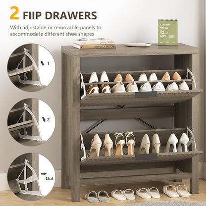 YOMILUVE Shoe Cabinet Storage for Entryway, Fluted Shoe Cabinet with 2 Flip Drawers, Hidden Shoe Rack Tall Freestanding Shoe Organizer with Legs for Hallway, Gray