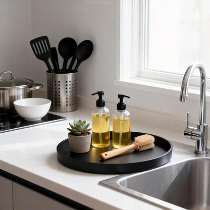 2 Pack 9" Bathroom and Vanity Tray, ABS Bathroom Counter Organizer, Coffee Table Decor for Perfume, Candles, Keys &More. Kitchen Countertop Organizer, Decorative Tray Soap Holder, Black