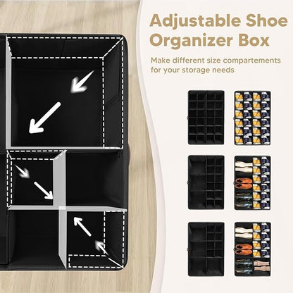 Shoe Organizer for Closet, Large Shoe Storage Box Container with Clear Cover,Foldable Shoe Storage Bins with Adjustable Divider,Space Saving Shoes Box with 4 Handles,Fits 12-24 Pairs (Black, large)