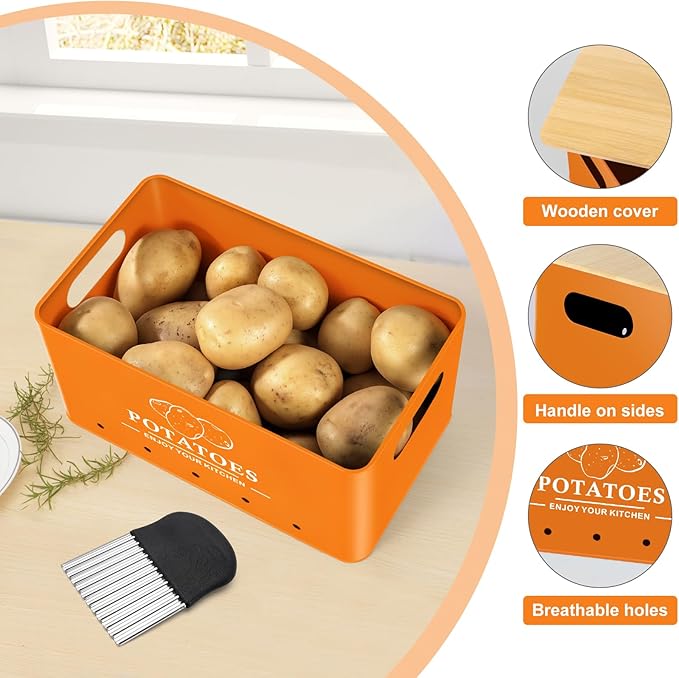 Kitchen Vegetable Storage Set of 3, Metal Onion Garlic Potato Storage Set, Kitchen Canisters Vegetable Keeper Containers with Aerating Holes and Wooden Lid (Orange)
