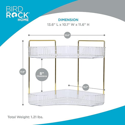 BIRDROCK HOME 2-Tier Corner Cosmetic Organizer - Clear Shelves with Gold Hardware, Easy Assembly, Durable Design for Makeup, Perfumes, and Self-Care Products